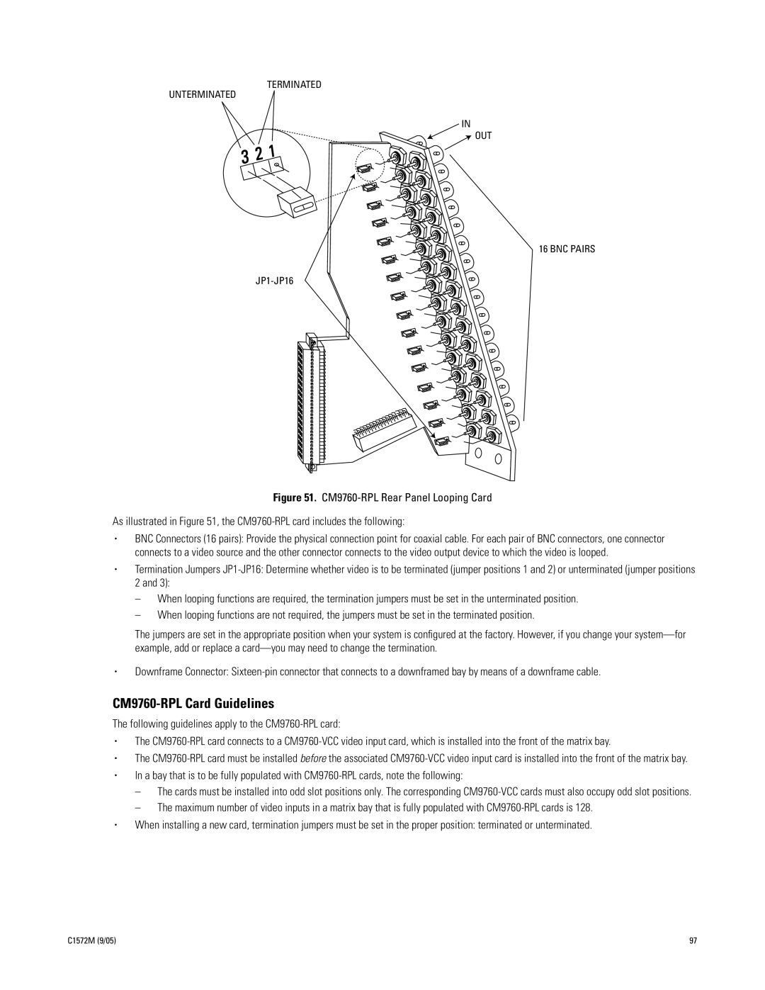 Pelco System 9760 manual CM9760-RPL Card Guidelines, Terminated Unterminated OUT BNC Pairs 