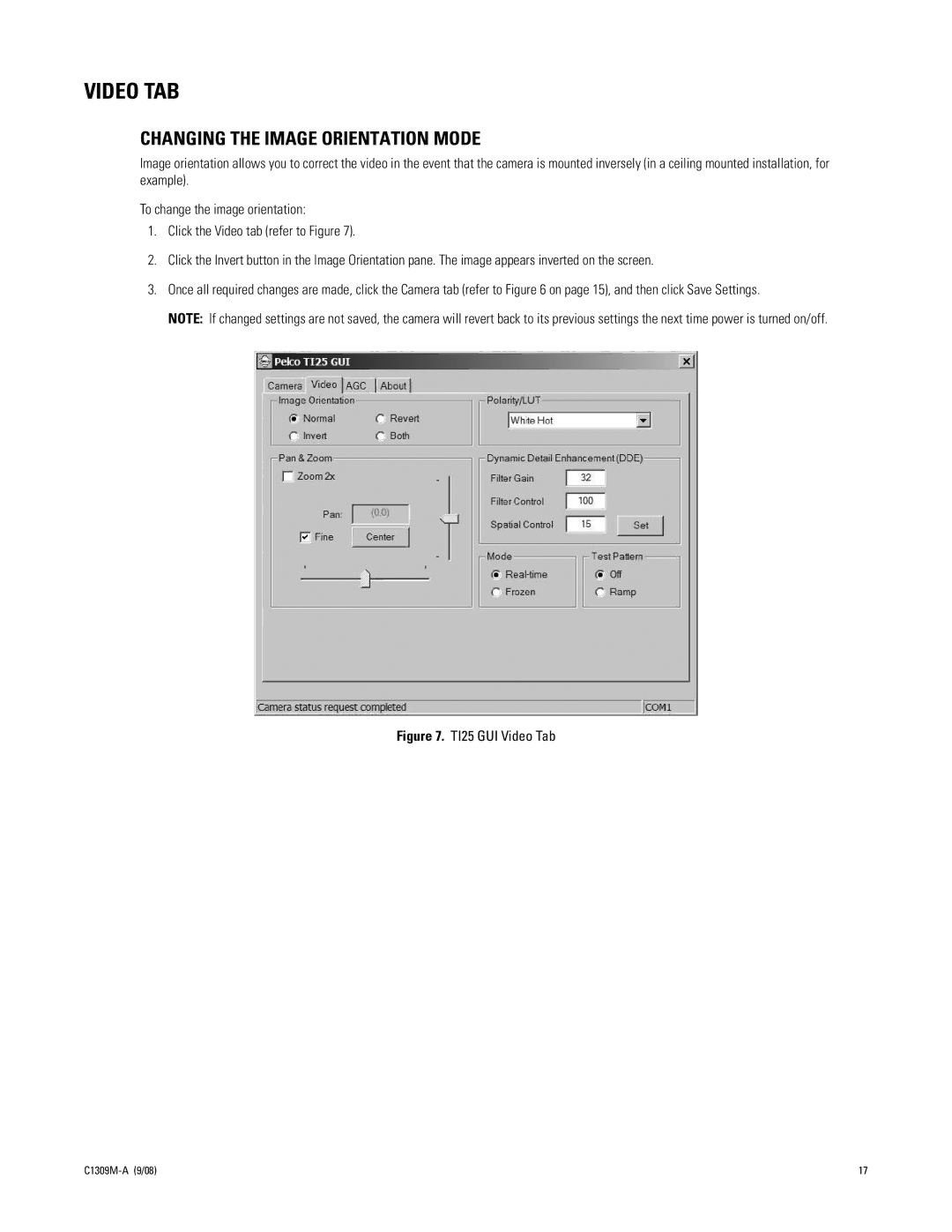 Pelco TI2550 manual Video TAB, Changing the Image Orientation Mode 