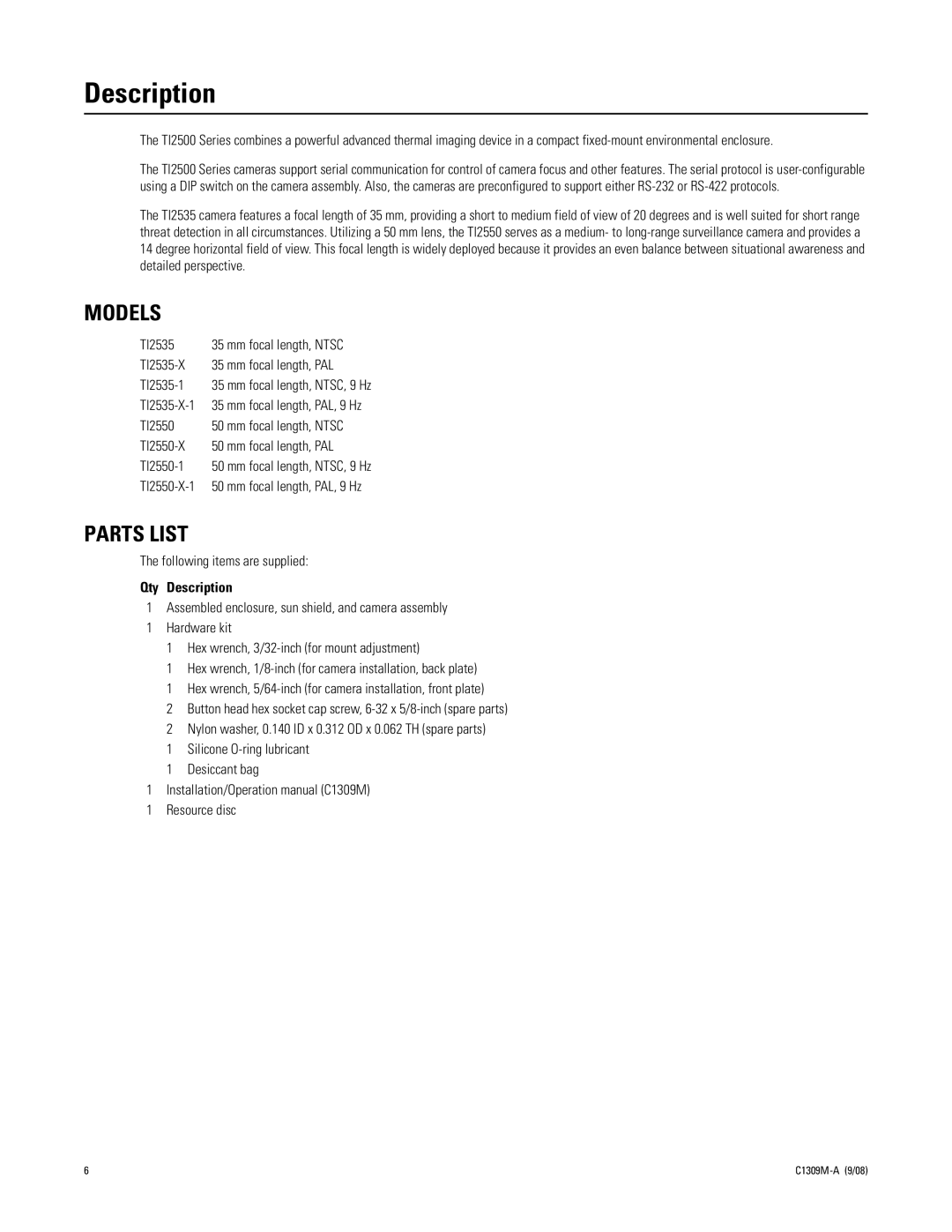 Pelco TI2550 manual Models, Parts List, Qty Description 