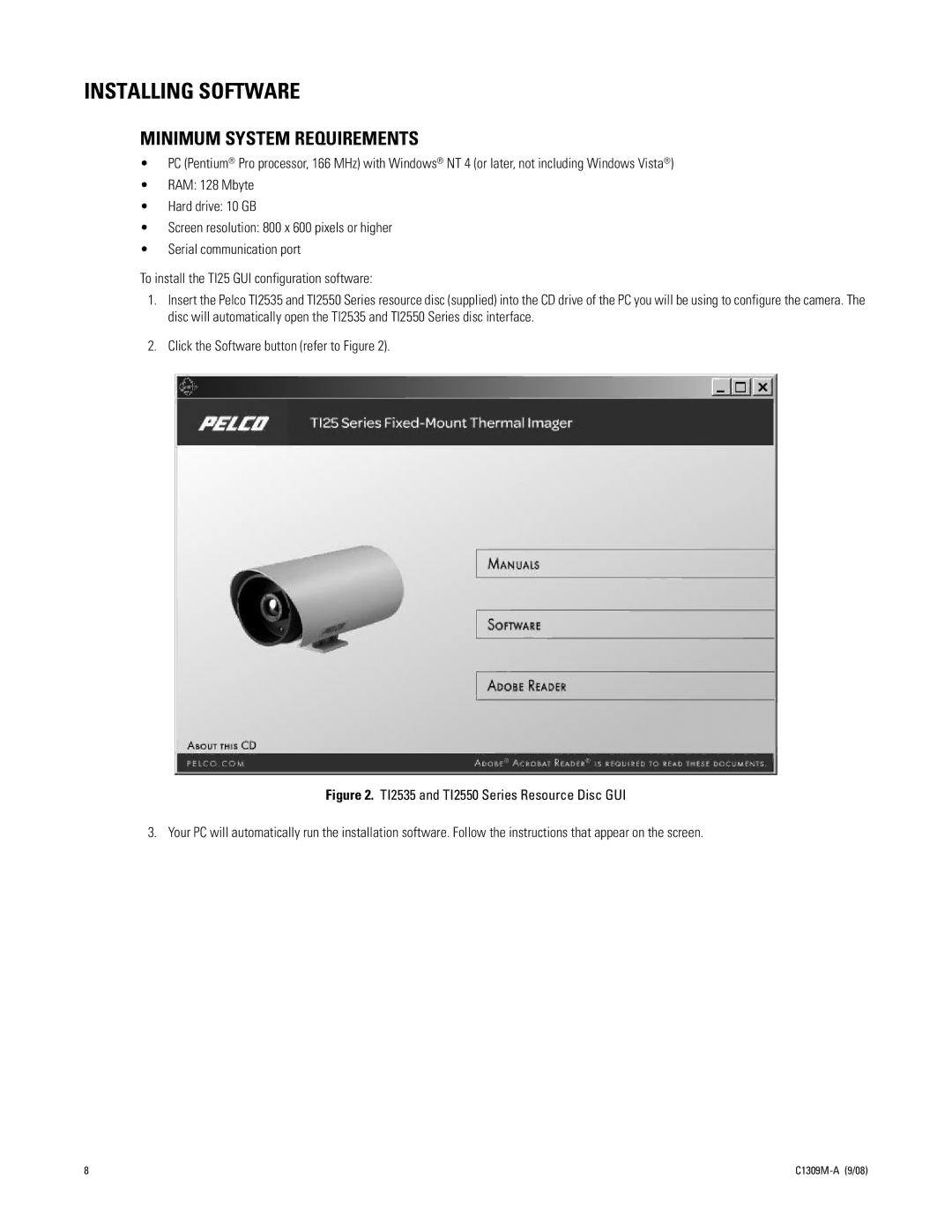 Pelco TI2550 manual Installing Software, Minimum System Requirements 