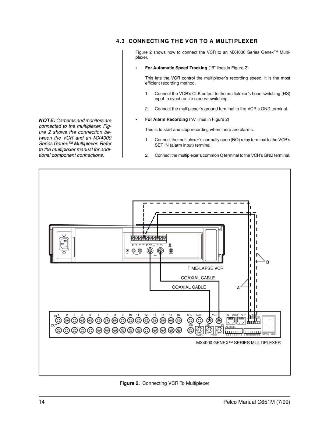 Pelco TLR2096 operation manual Connecting the VCR to a Multiplexer, For Automatic Speed TrackingB lines in Figure 