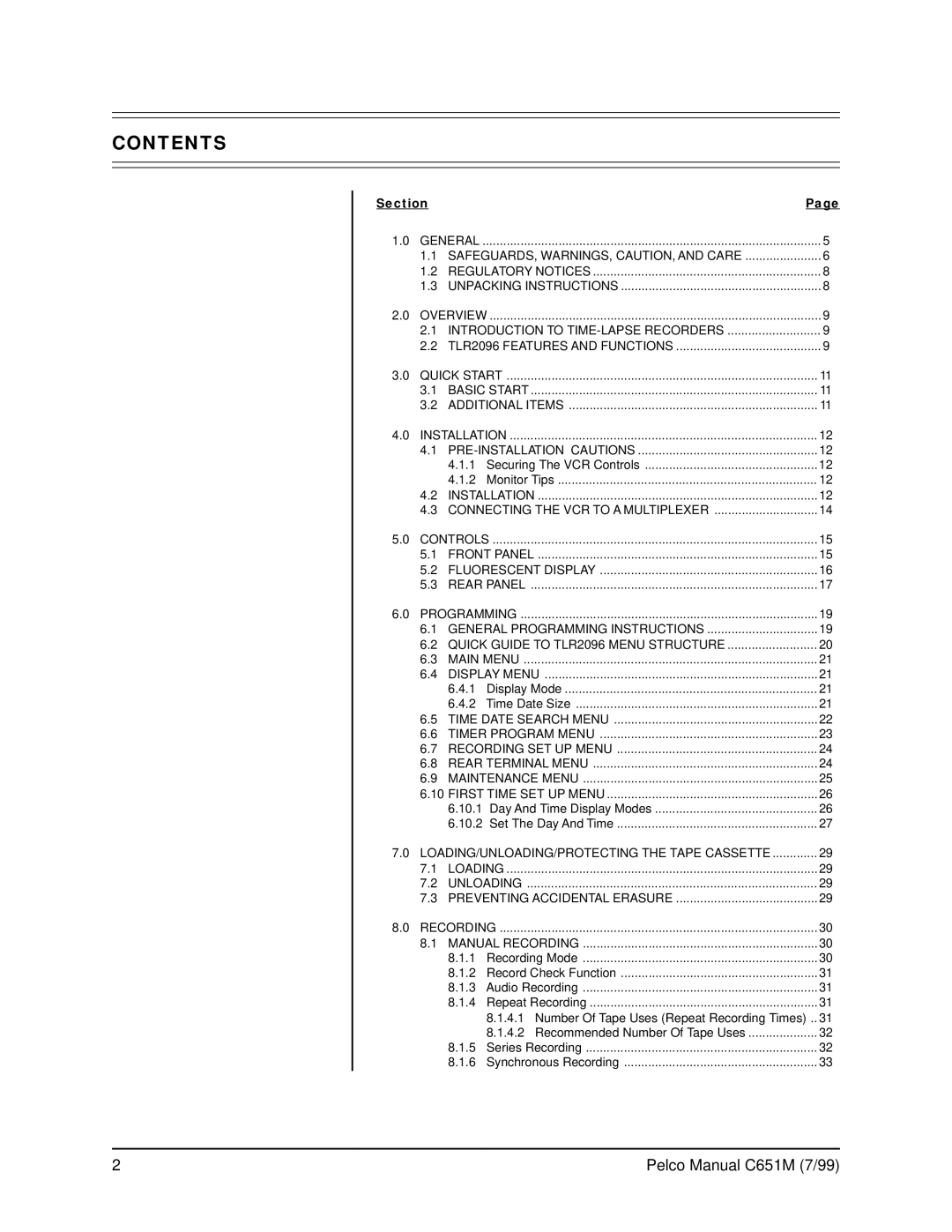 Pelco TLR2096 operation manual Contents 