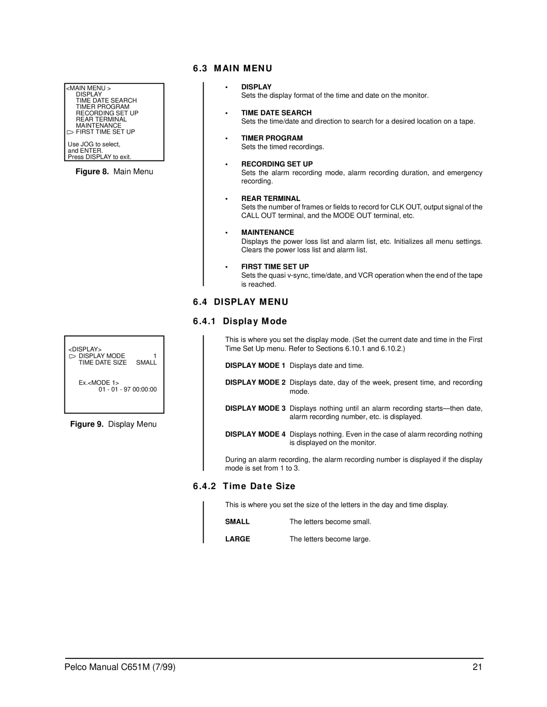 Pelco TLR2096 operation manual Main Menu, Display Menu 6.4.1 Display Mode, Time Date Size 