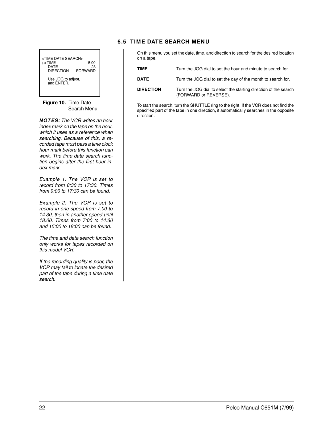 Pelco TLR2096 operation manual Time Date Search Menu, Direction 