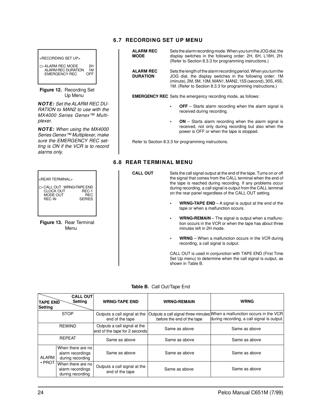 Pelco TLR2096 operation manual Recording SET UP Menu, Rear Terminal Menu 