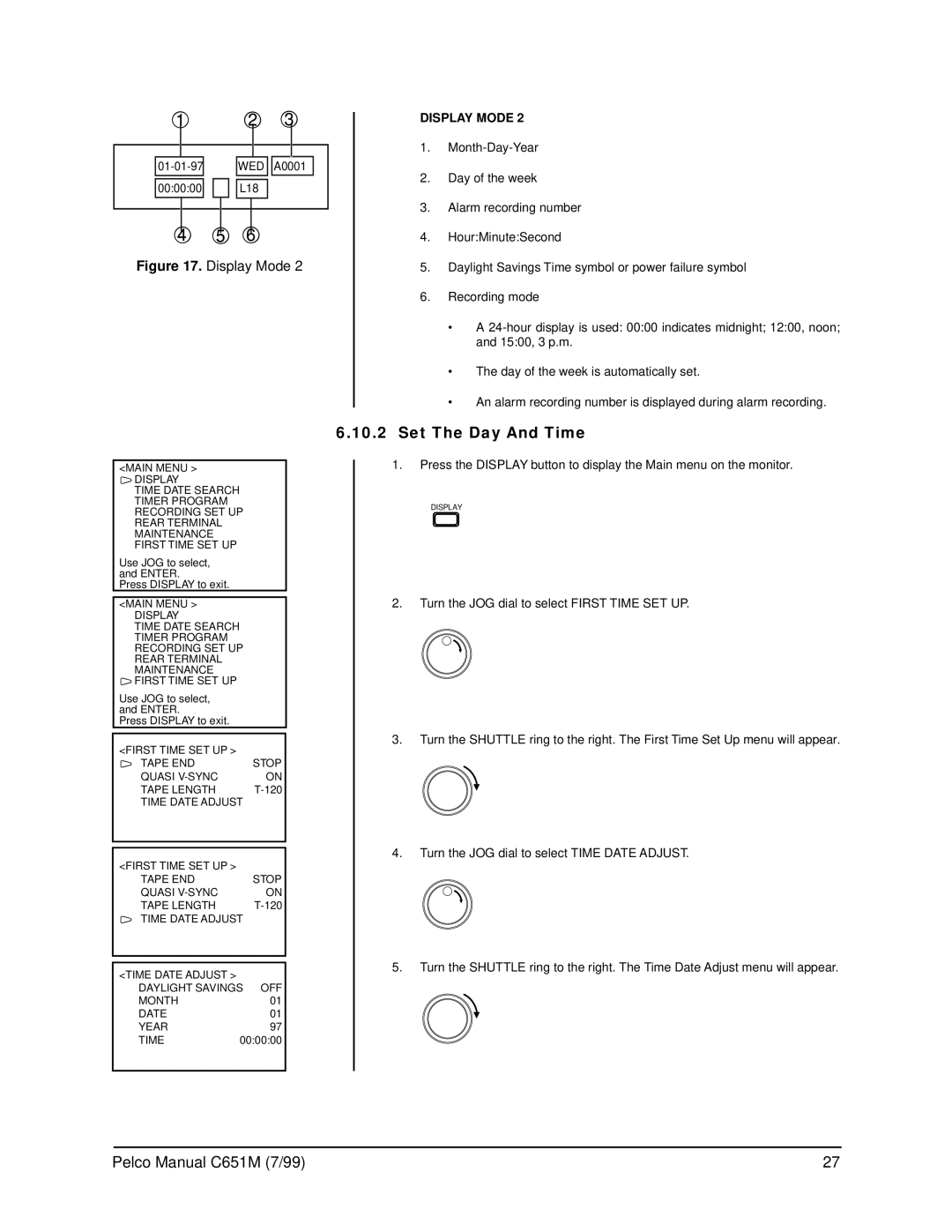 Pelco TLR2096 operation manual Set The Day And Time, Display Mode 