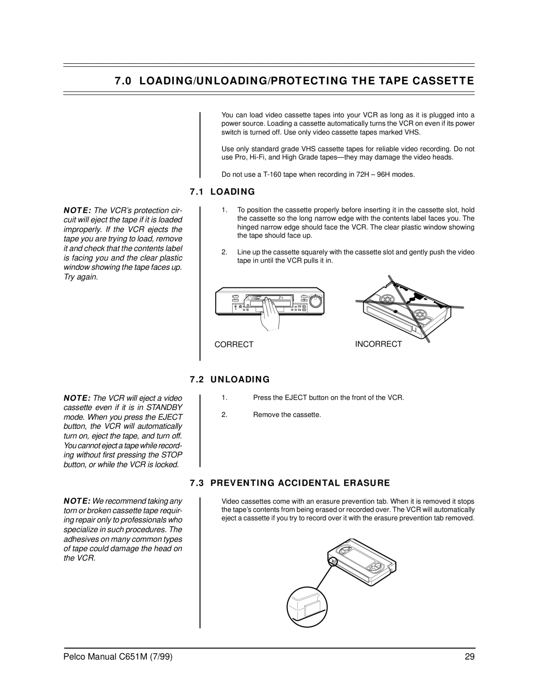 Pelco TLR2096 LOADING/UNLOADING/PROTECTING the Tape Cassette, Loading, Unloading, Preventing Accidental Erasure, Incorrect 