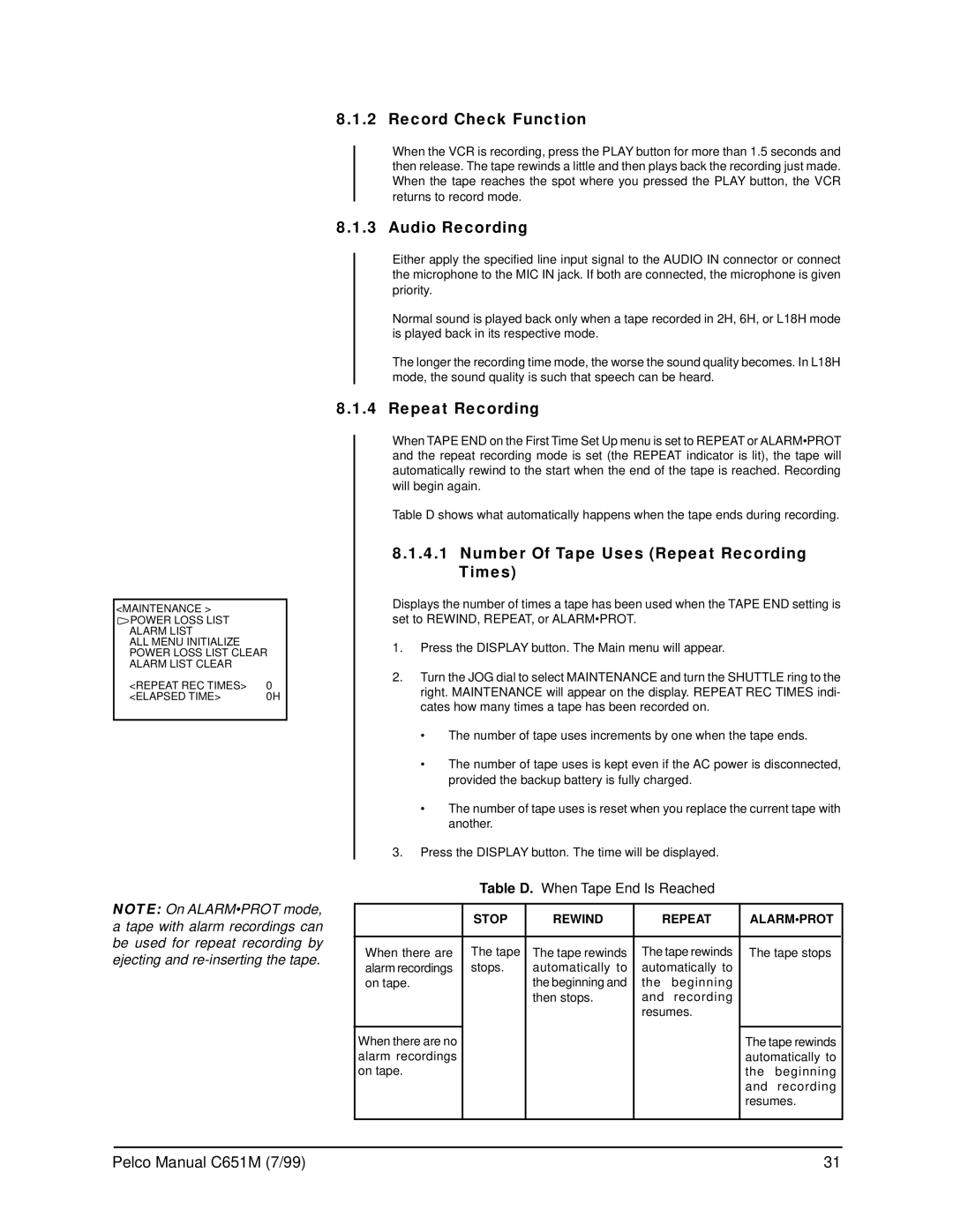 Pelco TLR2096 operation manual Record Check Function, Audio Recording, Number Of Tape Uses Repeat Recording Times 