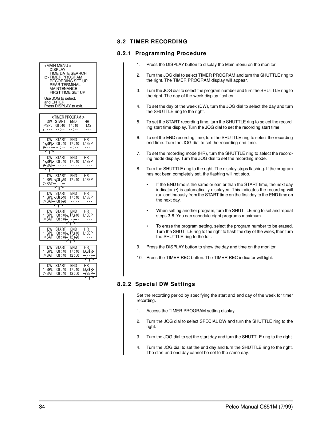 Pelco TLR2096 operation manual Timer Recording, Programming Procedure, Special DW Settings 