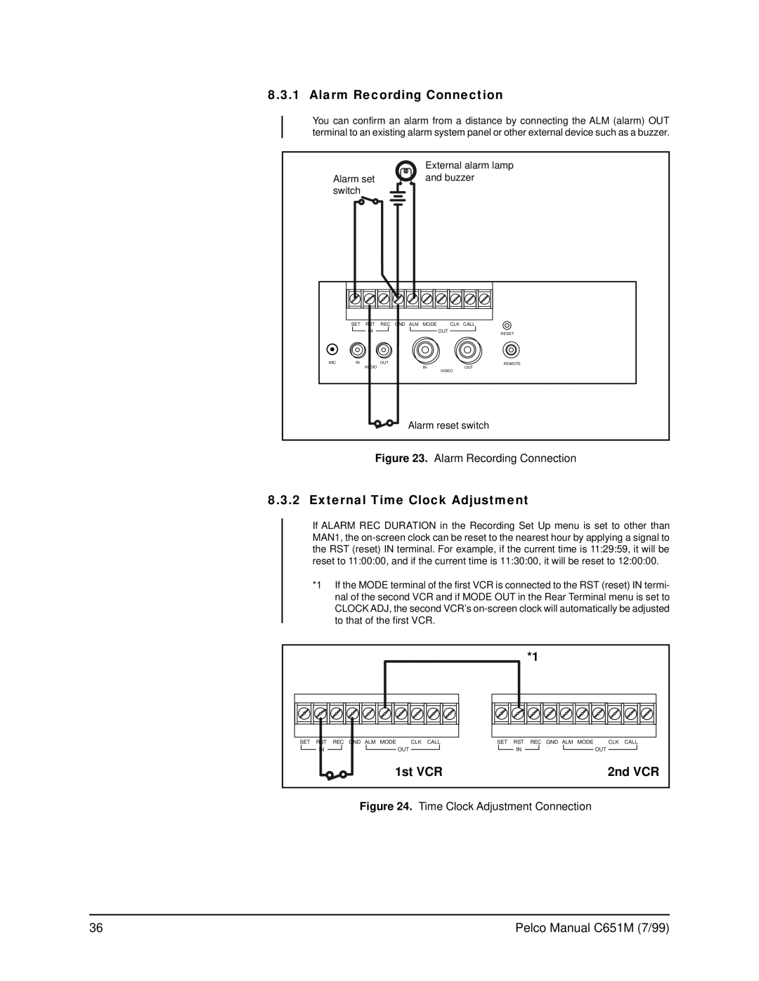 Pelco TLR2096 operation manual Alarm Recording Connection, External Time Clock Adjustment, 1st VCR 2nd VCR 