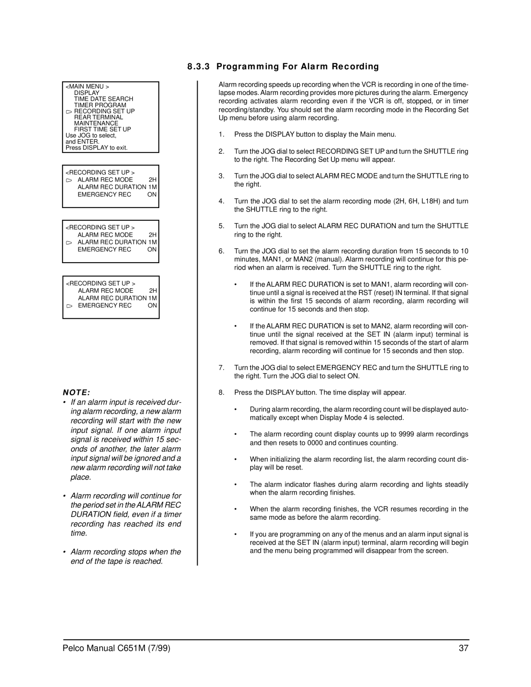 Pelco TLR2096 operation manual Programming For Alarm Recording 