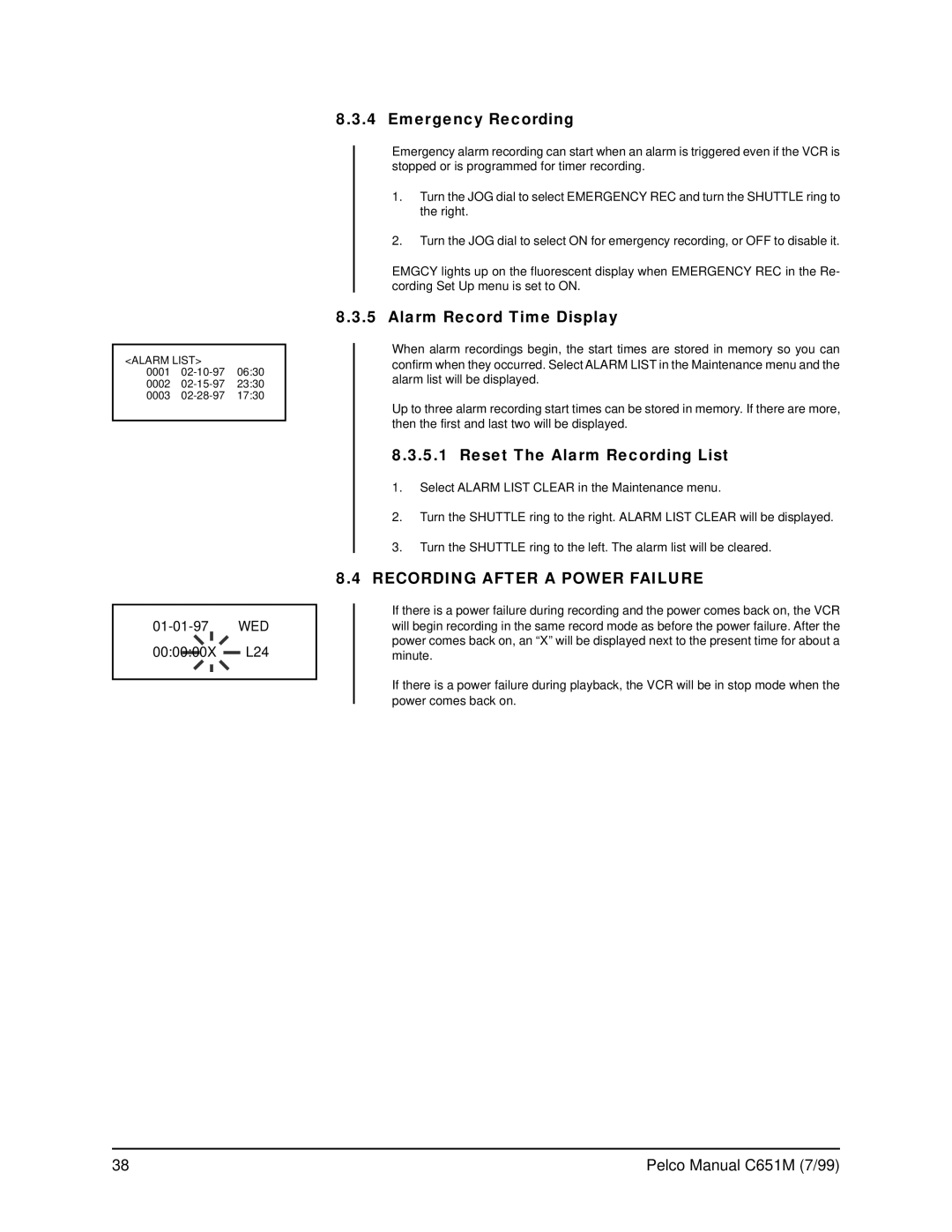 Pelco TLR2096 operation manual Emergency Recording, Alarm Record Time Display, Reset The Alarm Recording List 