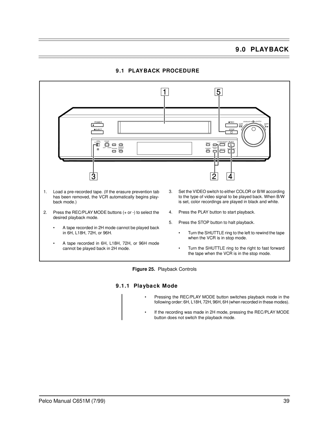 Pelco TLR2096 operation manual Playback Procedure, Playback Mode 