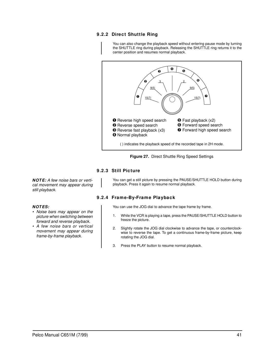 Pelco TLR2096 operation manual Direct Shuttle Ring, Still Picture, Frame-By-Frame Playback 