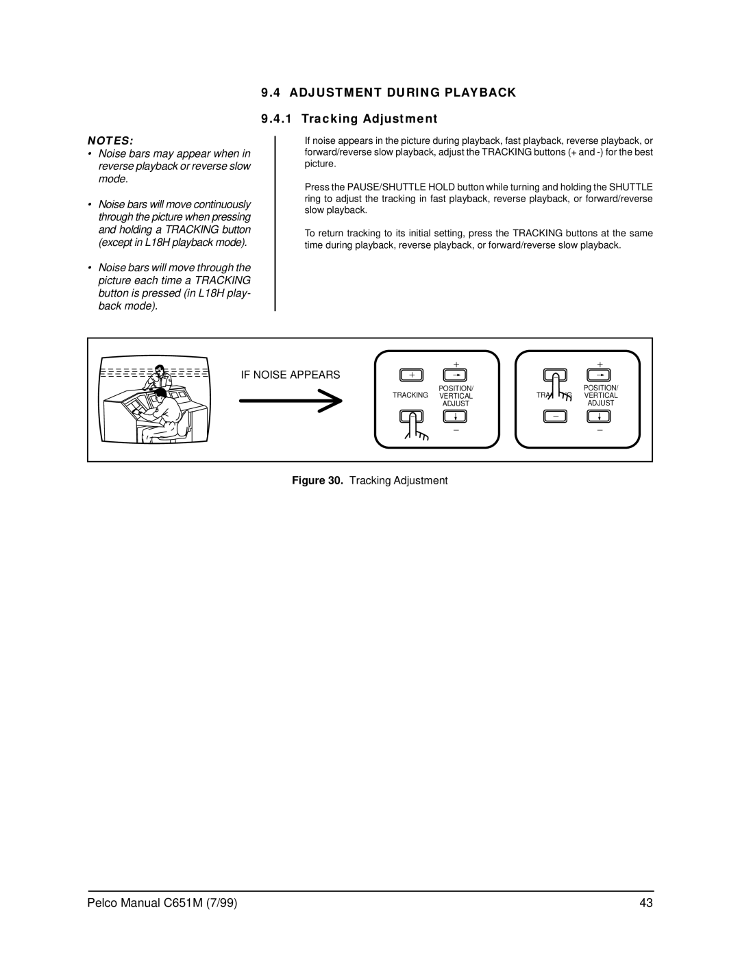 Pelco TLR2096 operation manual Adjustment During Playback, Tracking Adjustment 