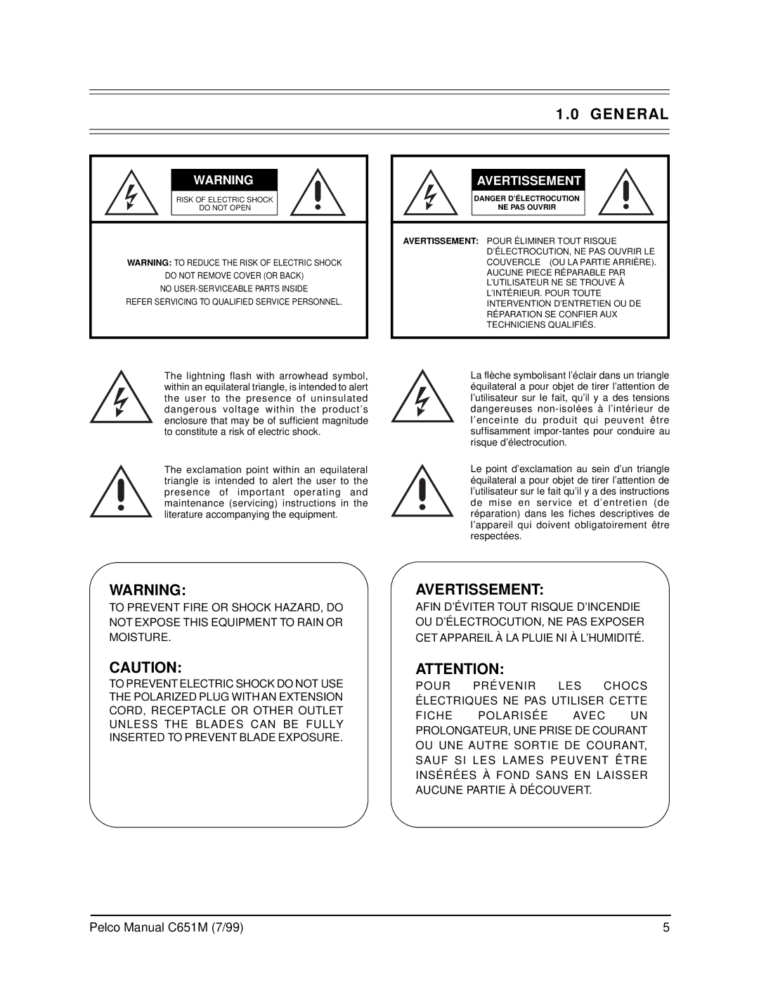 Pelco TLR2096 operation manual General, Avertissement 