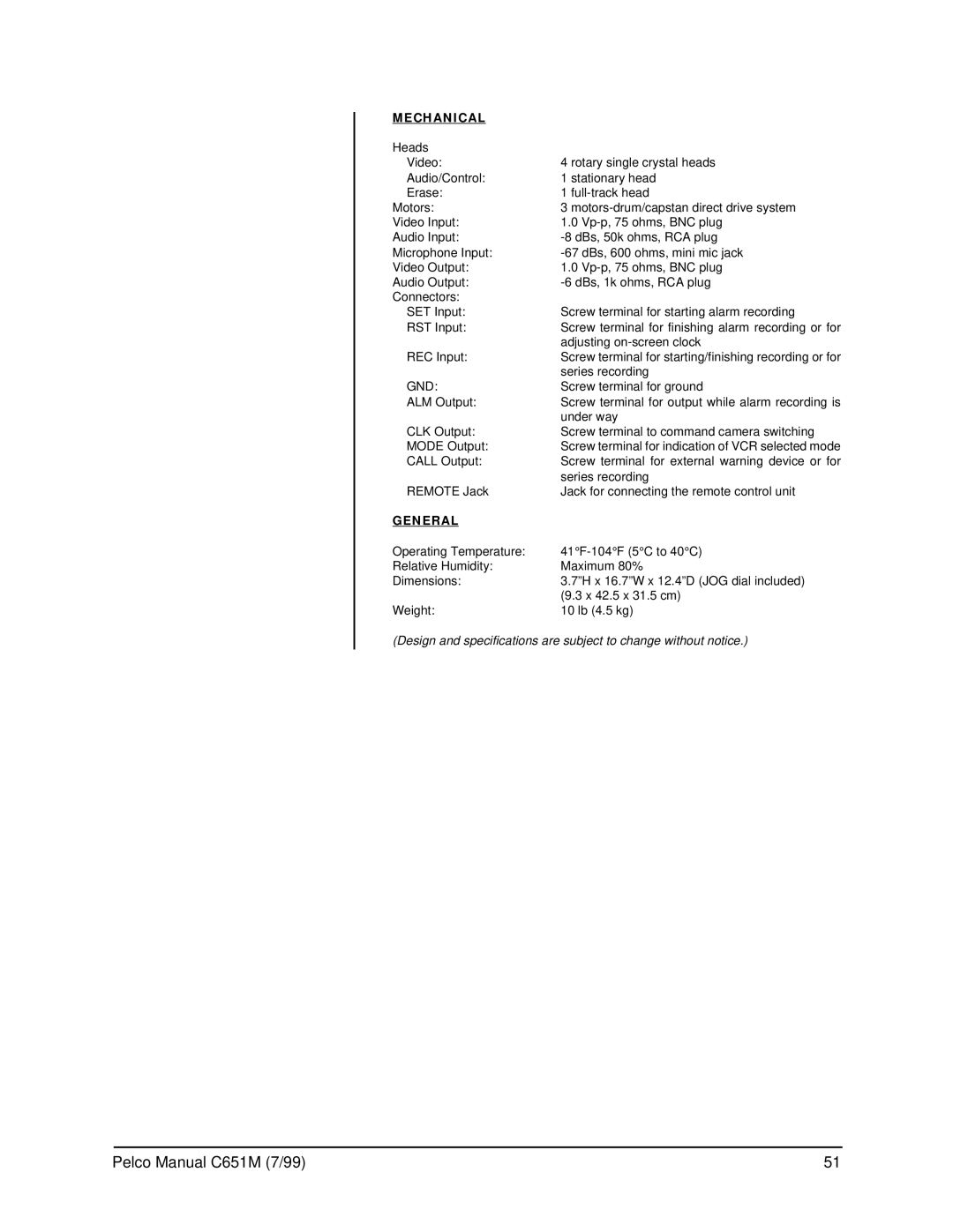 Pelco TLR2096 operation manual Mechanical, Gnd, General 