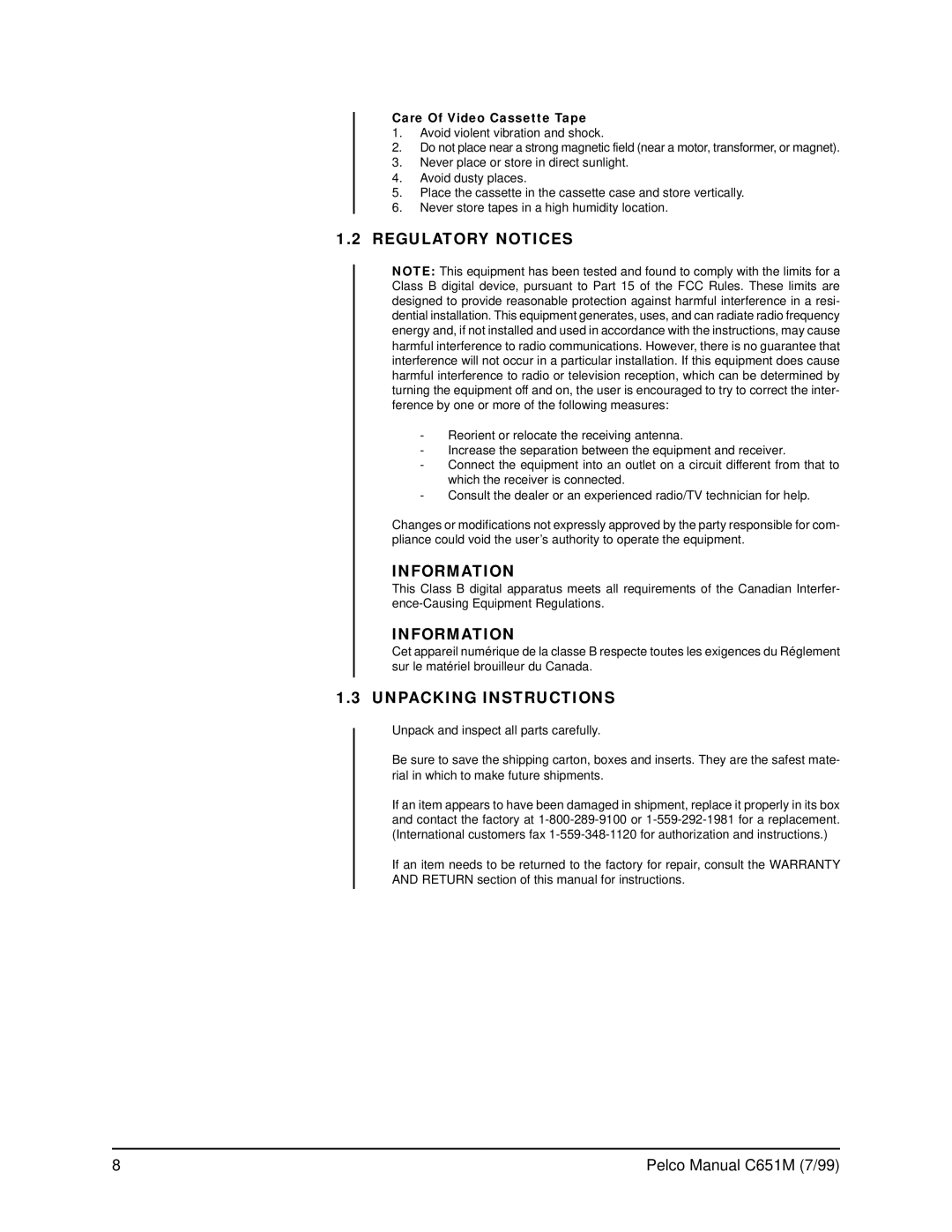 Pelco TLR2096 operation manual Regulatory Notices, Information, Unpacking Instructions, Care Of Video Cassette Tape 