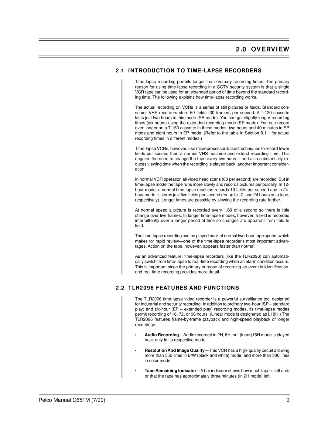 Pelco operation manual Overview, Introduction to TIME-LAPSE Recorders, TLR2096 Features and Functions 