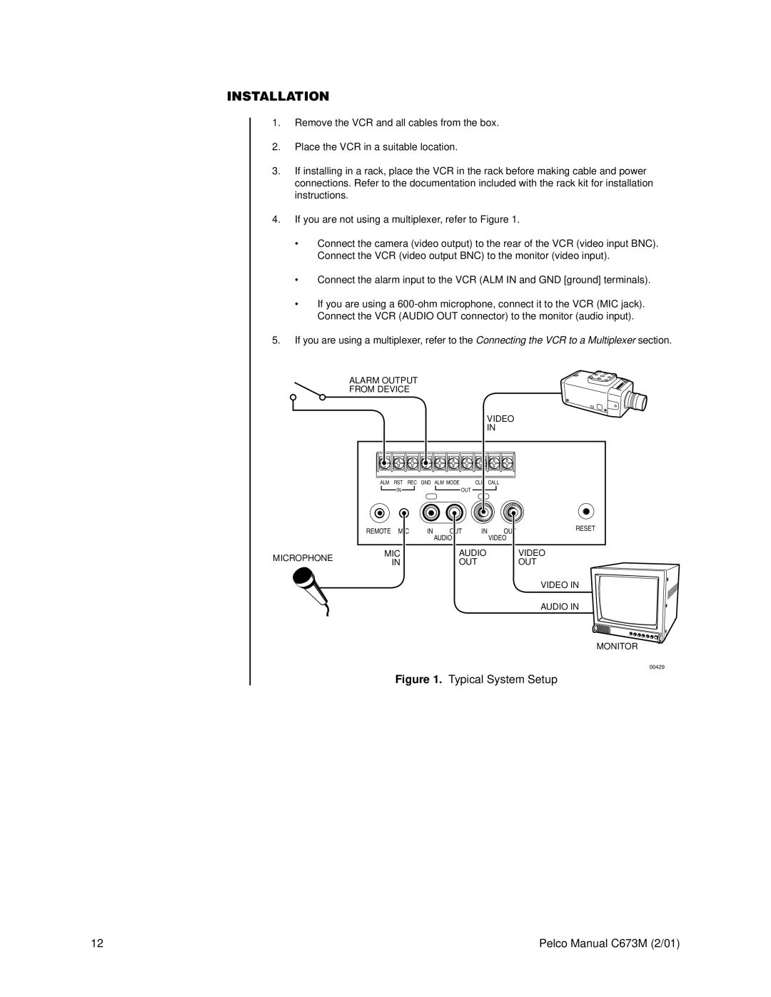 Pelco TLR3168 operation manual Installation, Typical System Setup 