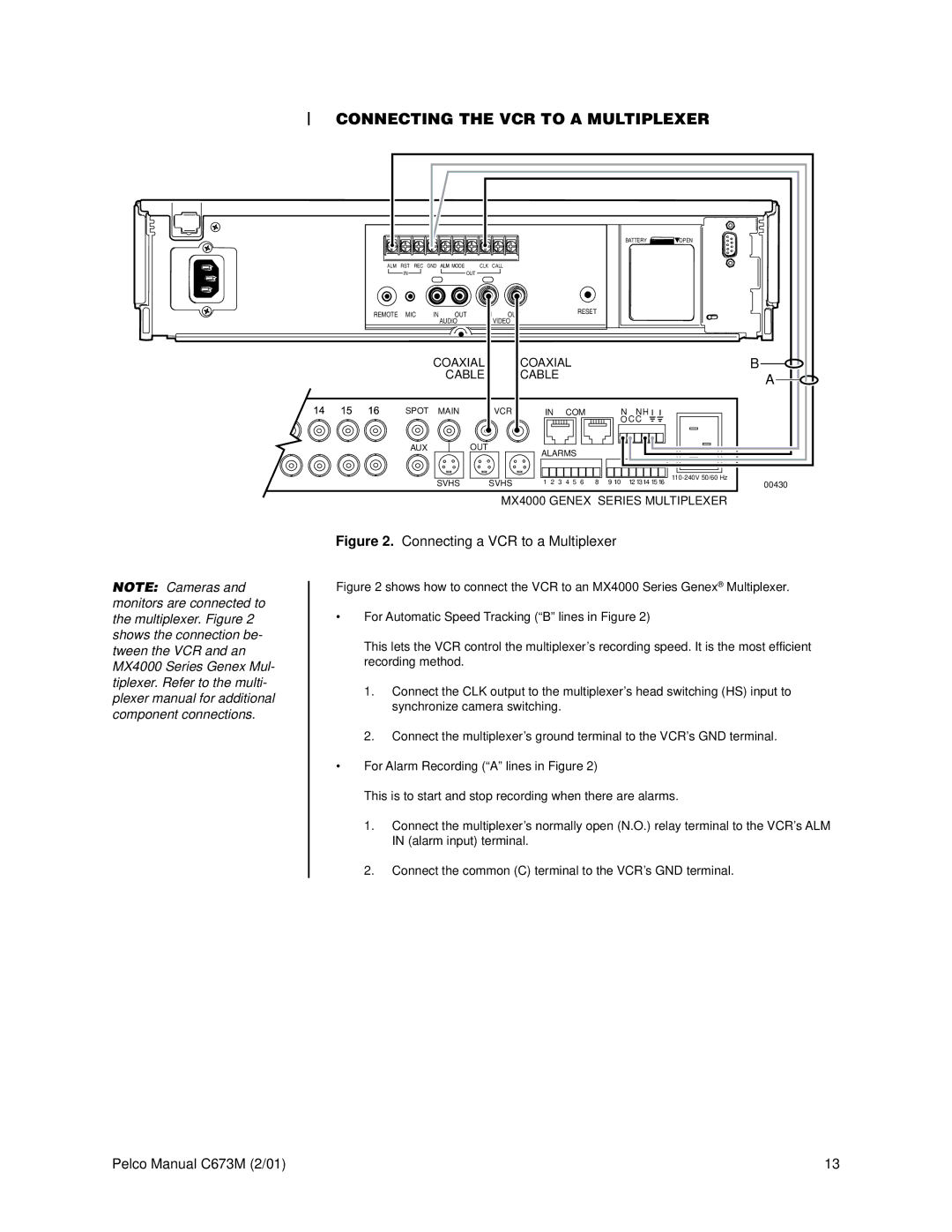 Pelco TLR3168 operation manual Connecting the VCR to a Multiplexer, Connecting a VCR to a Multiplexer 