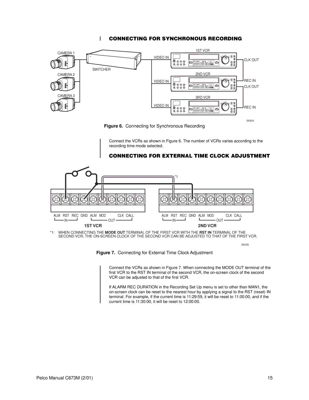 Pelco TLR3168 operation manual Connecting for Synchronous Recording, Connecting for External Time Clock Adjustment 