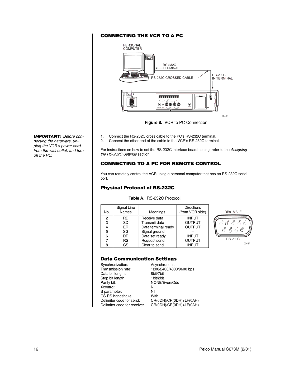 Pelco TLR3168 operation manual Connecting the VCR to a PC, Connecting to a PC for Remote Control, Table A. RS-232C Protocol 