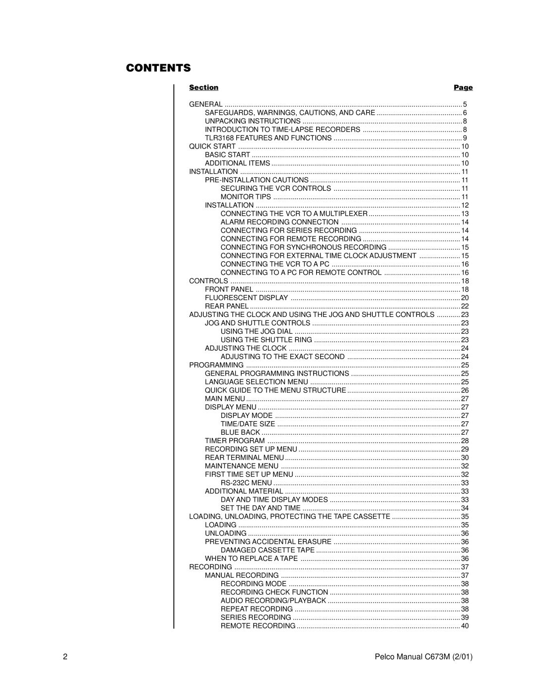 Pelco TLR3168 operation manual Contents 