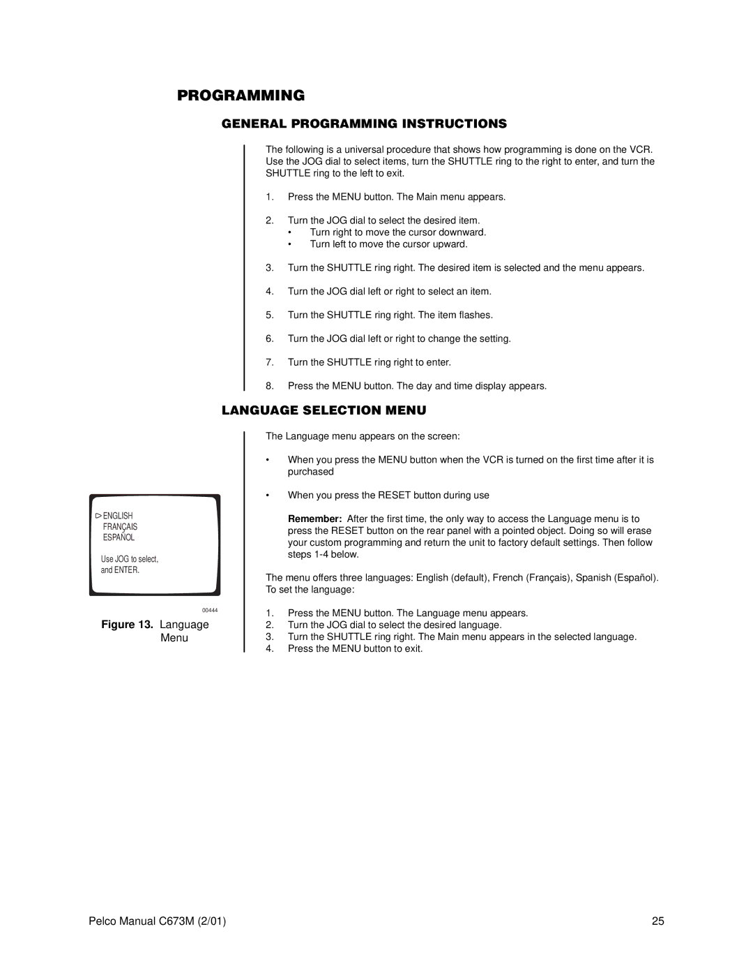 Pelco TLR3168 operation manual General Programming Instructions, Language Selection Menu 