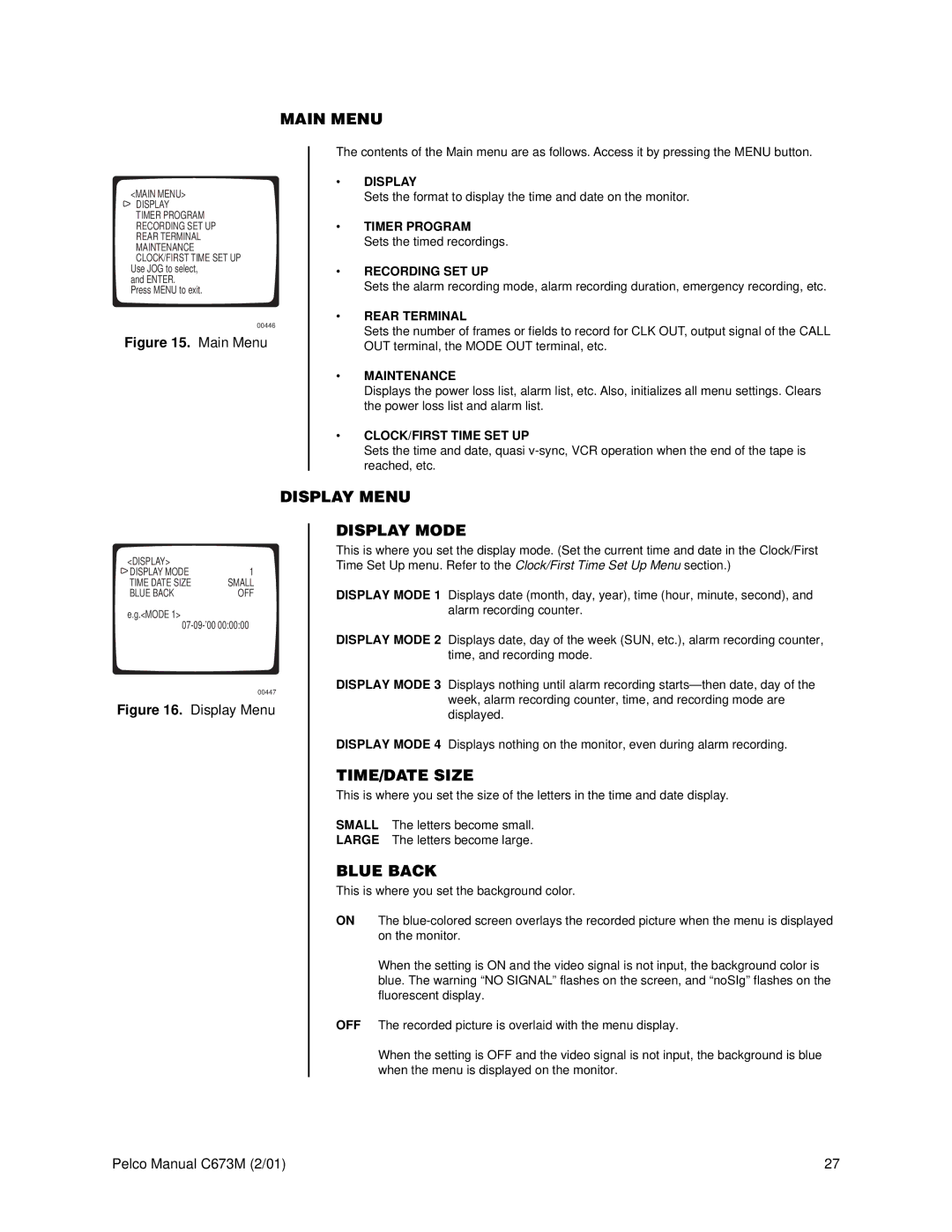 Pelco TLR3168 operation manual Main Menu, Display Menu Display Mode, TIME/DATE Size, Blue Back 