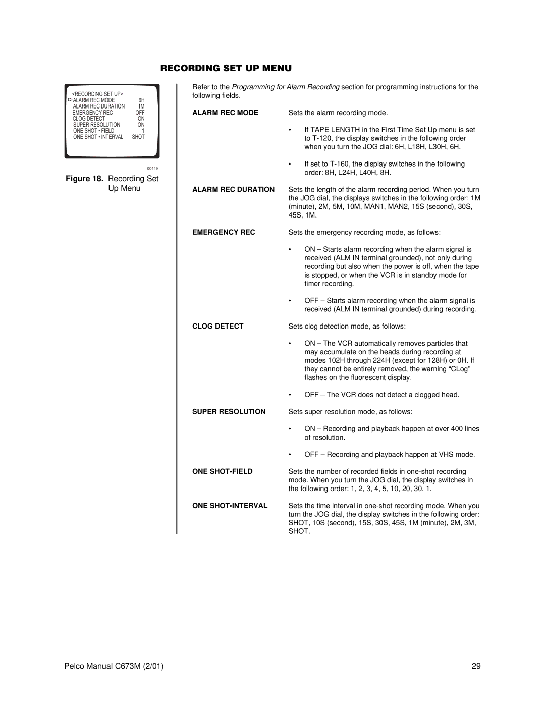 Pelco TLR3168 operation manual Recording SET UP Menu 