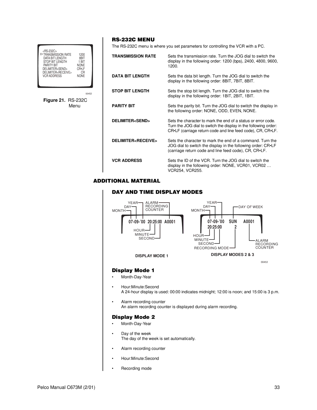 Pelco TLR3168 operation manual RS-232C Menu, Additional Material DAY and Time Display Modes 