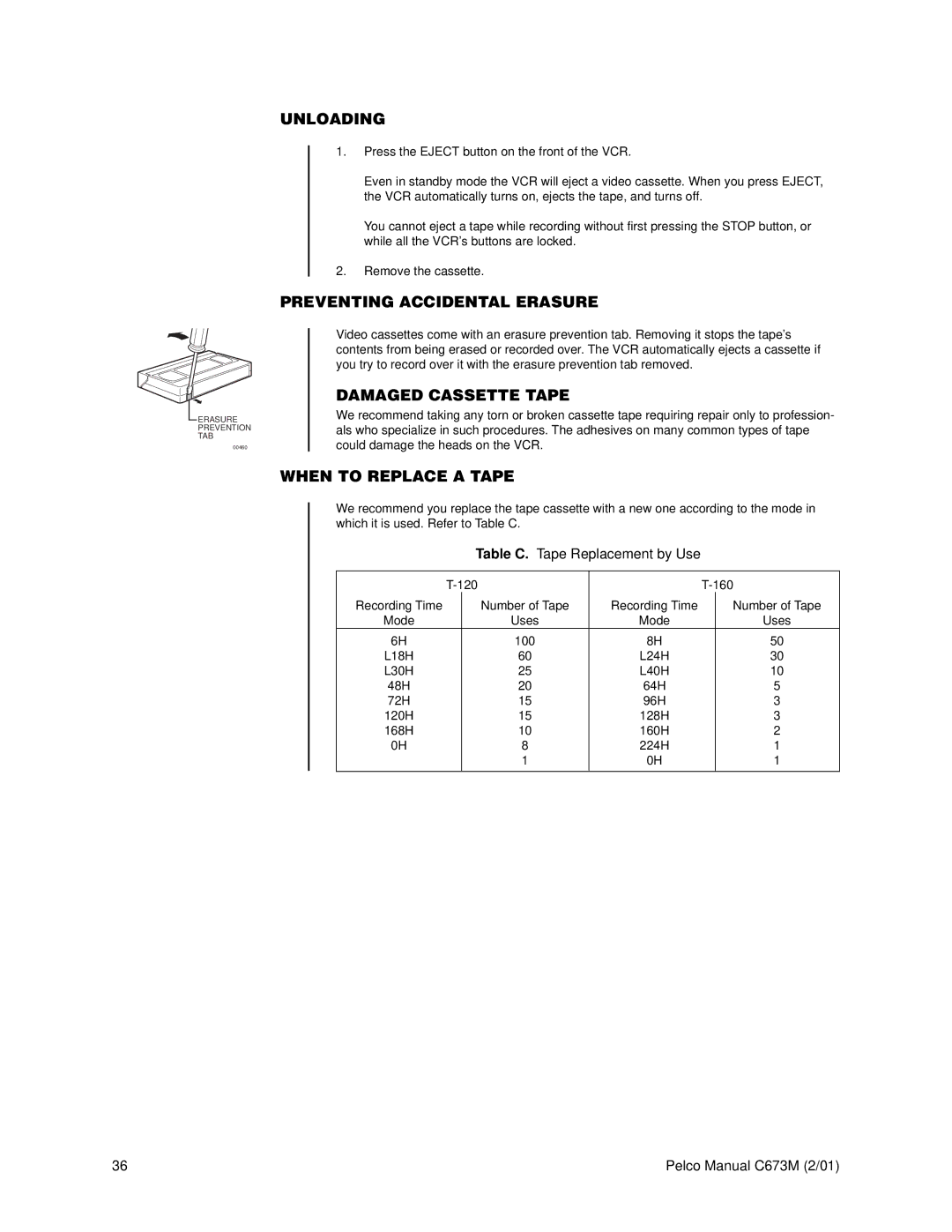 Pelco TLR3168 operation manual Unloading, Preventing Accidental Erasure, Damaged Cassette Tape, When to Replace a Tape 