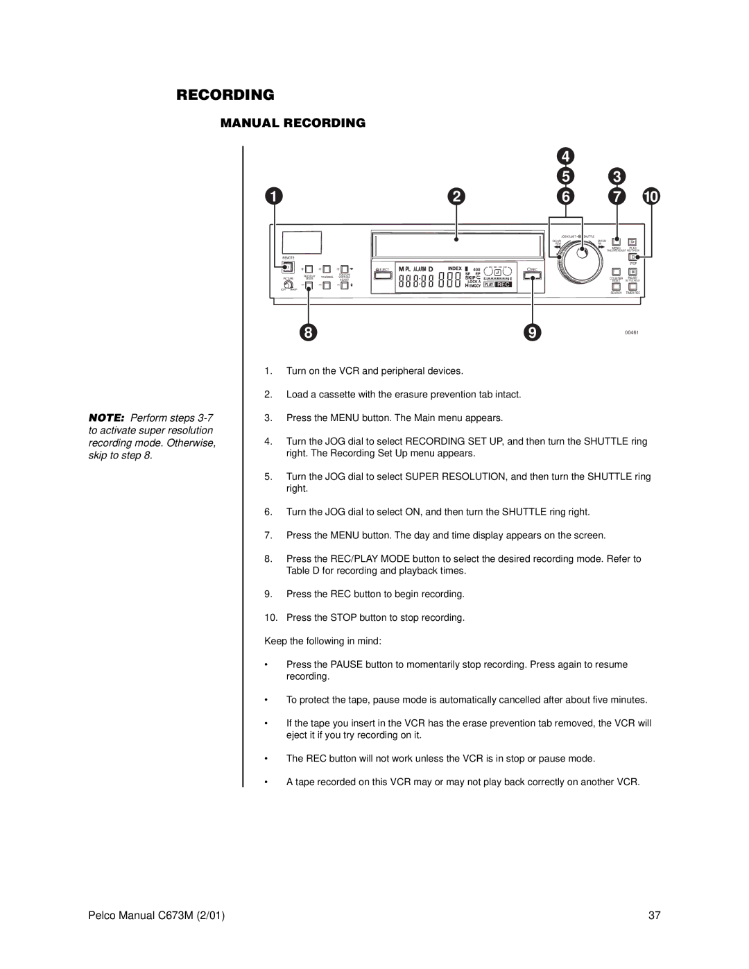 Pelco TLR3168 operation manual Manual Recording 