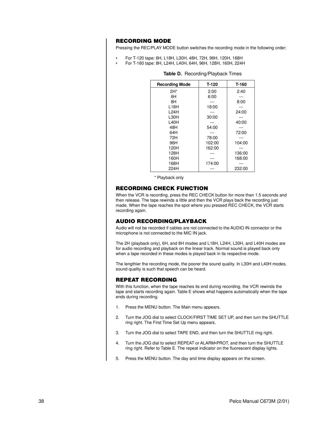 Pelco TLR3168 operation manual Recording Mode, Recording Check Function, Audio RECORDING/PLAYBACK, Repeat Recording 