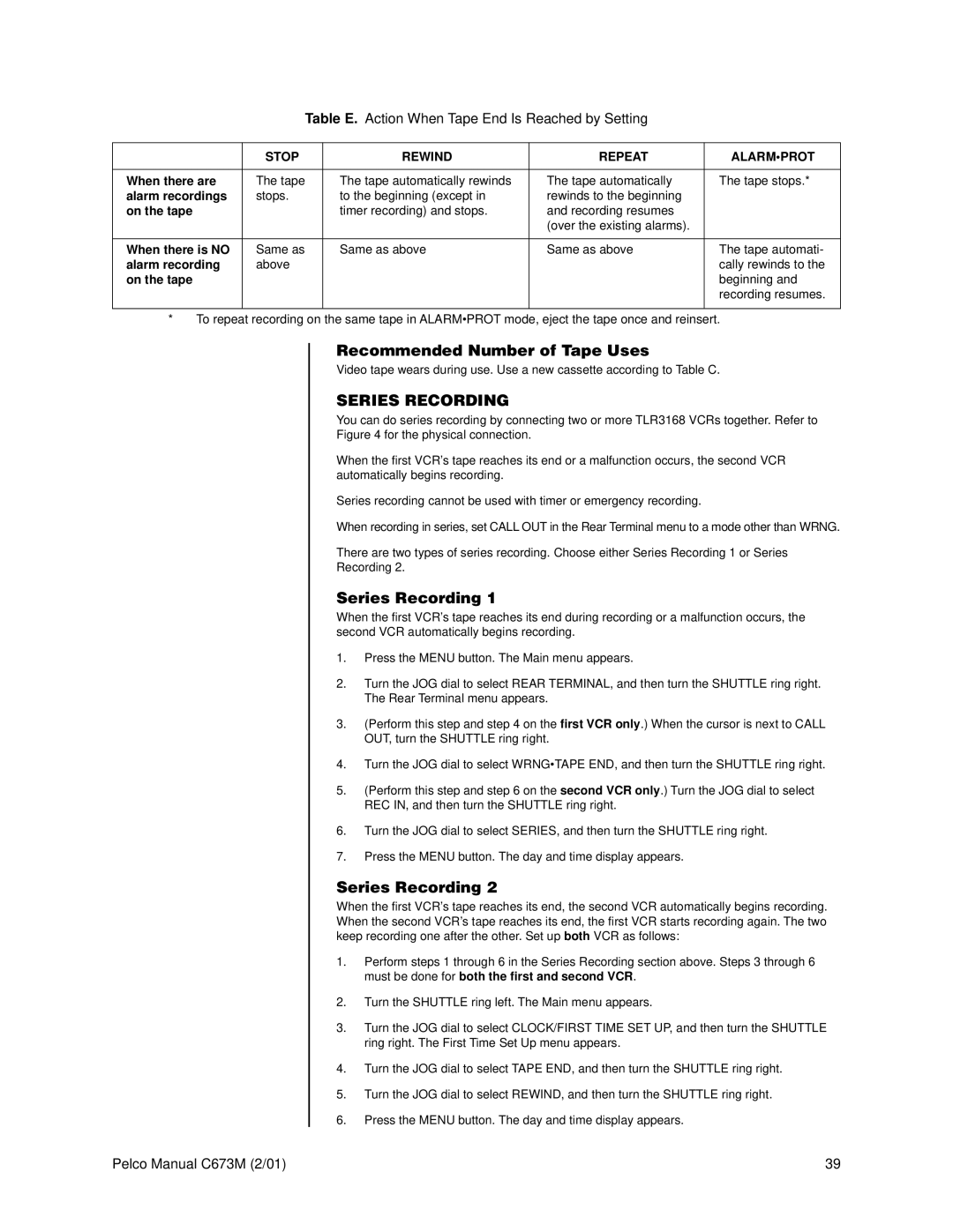 Pelco TLR3168 Series Recording, Table E. Action When Tape End Is Reached by Setting, Stop Rewind Repeat Alarmprot 