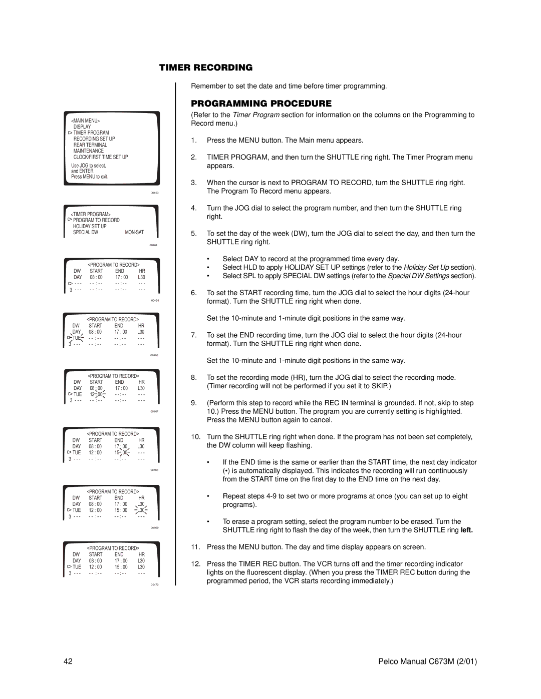 Pelco TLR3168 operation manual Timer Recording, Programming Procedure 