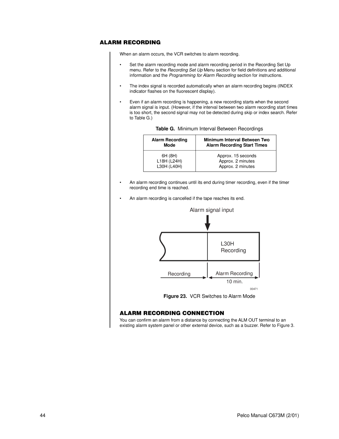 Pelco TLR3168 operation manual Alarm Recording, Table G. Minimum Interval Between Recordings 