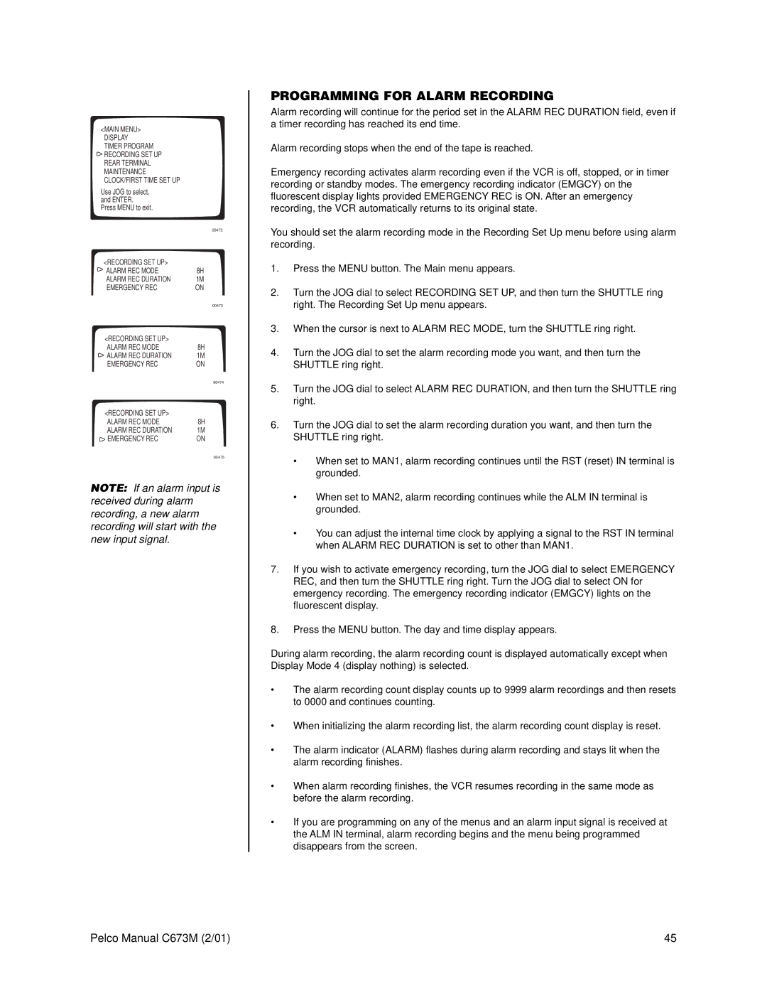 Pelco TLR3168 operation manual Programming for Alarm Recording 