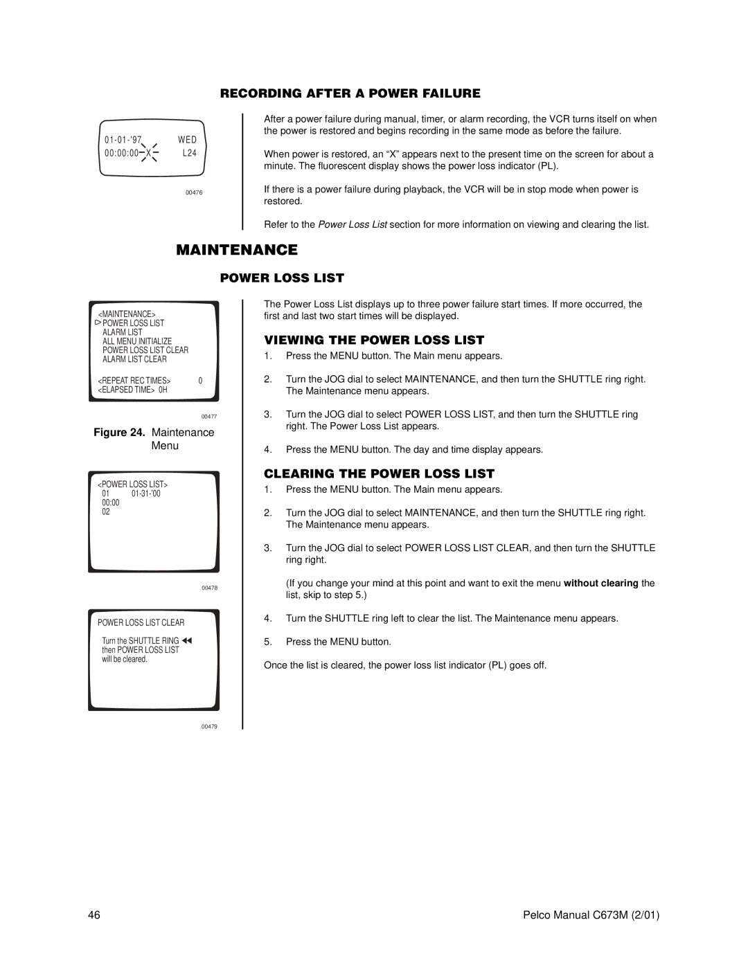 Pelco TLR3168 Maintenance, Recording After a Power Failure, Viewing the Power Loss List, Clearing the Power Loss List 