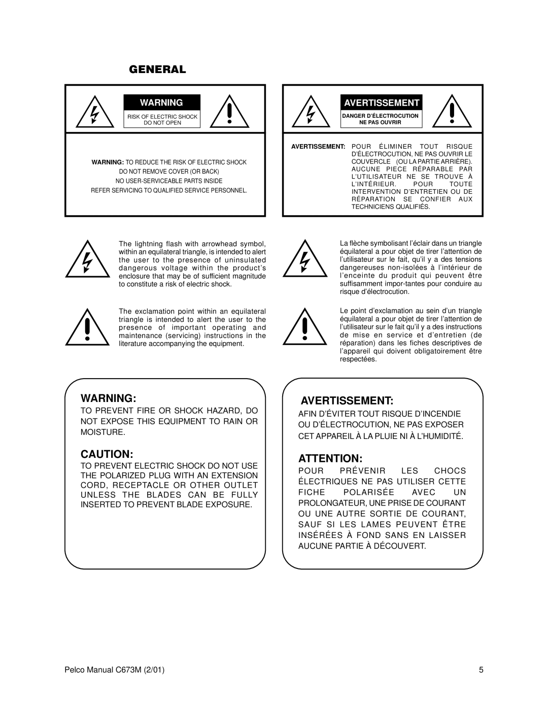 Pelco TLR3168 operation manual General, Avertissement 