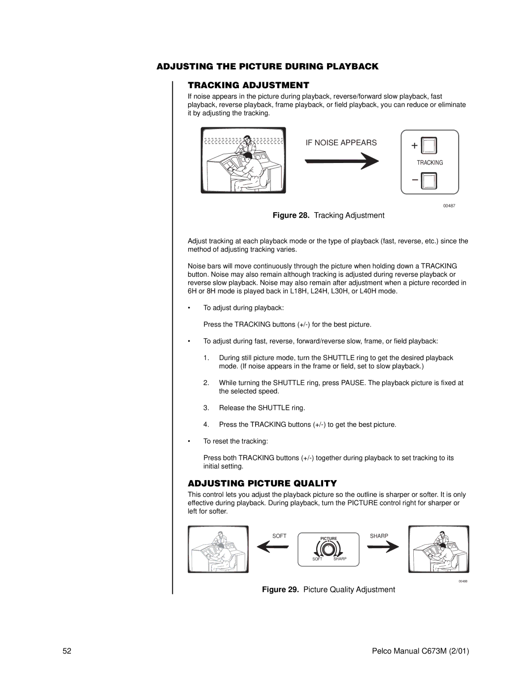 Pelco TLR3168 operation manual Adjusting the Picture During Playback Tracking Adjustment, Adjusting Picture Quality 