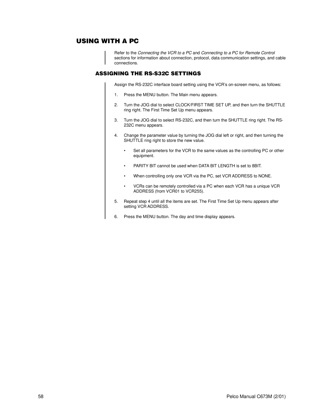 Pelco TLR3168 operation manual Using with a PC, Assigning the RS-S32C Settings 