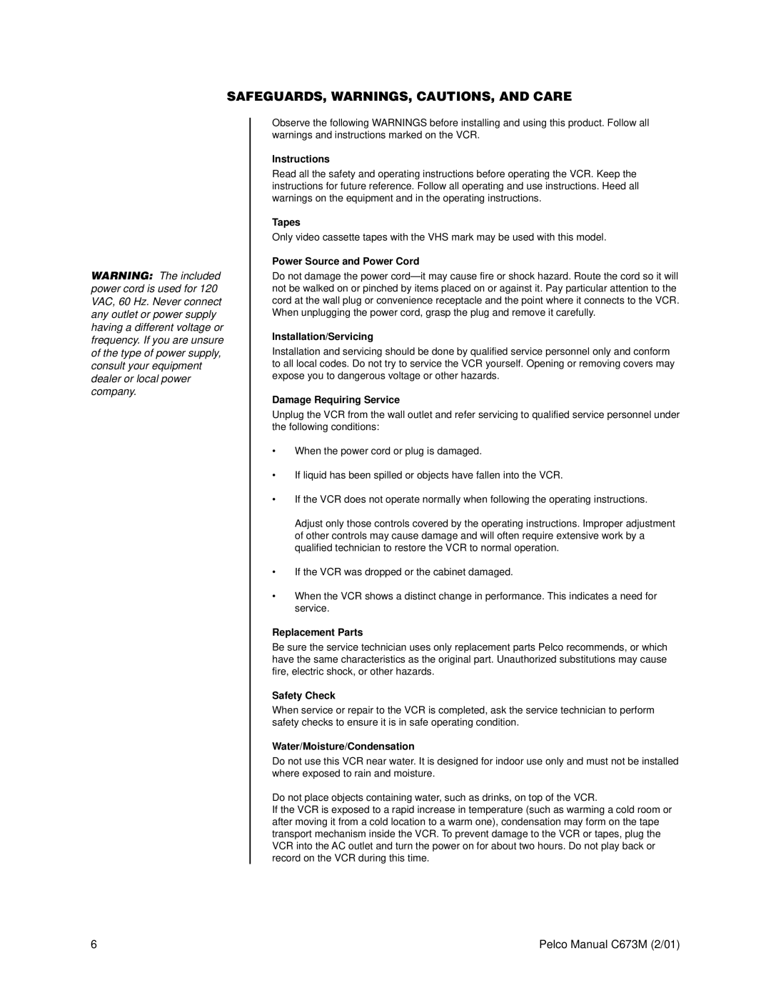 Pelco TLR3168 operation manual SAFEGUARDS, WARNINGS, CAUTIONS, and Care 