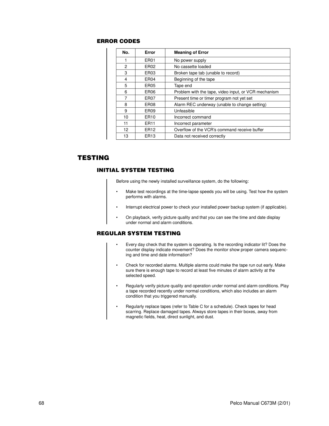 Pelco TLR3168 operation manual Error Codes, Initial System Testing, Regular System Testing, Error Meaning of Error 