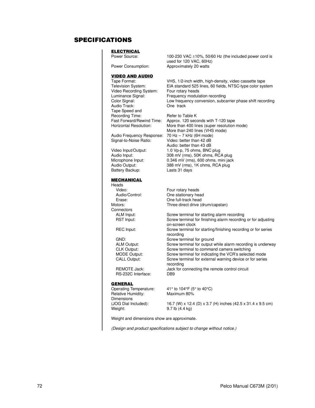 Pelco TLR3168 operation manual Specifications, Electrical, Video and Audio, Mechanical, General 