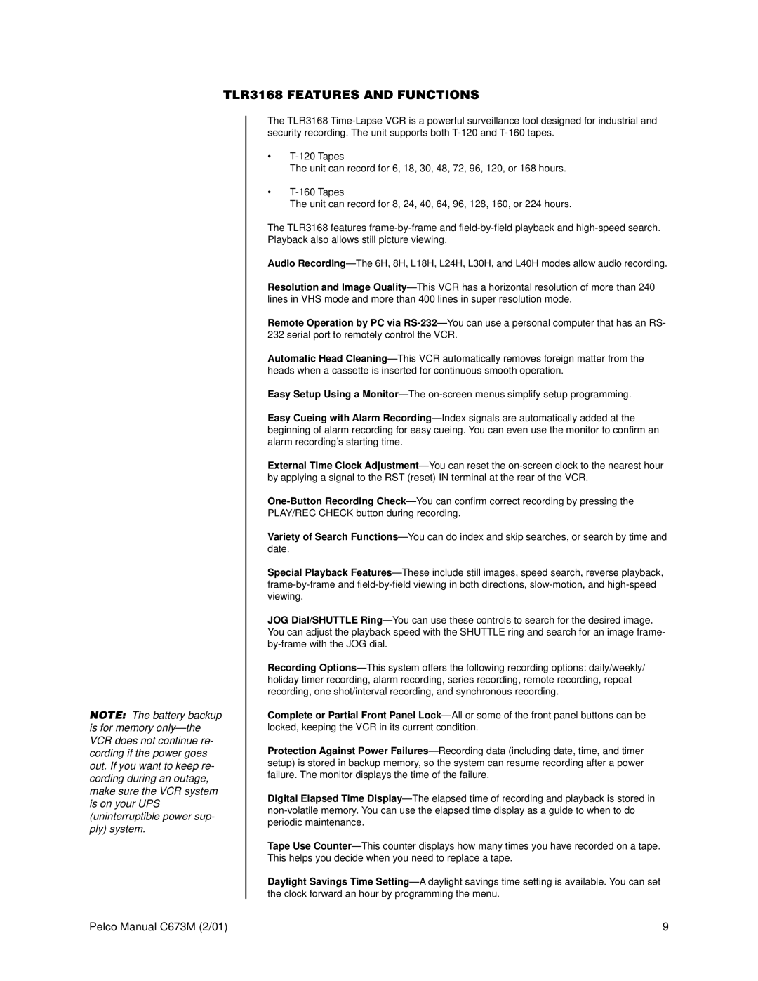 Pelco operation manual TLR3168 Features and Functions 