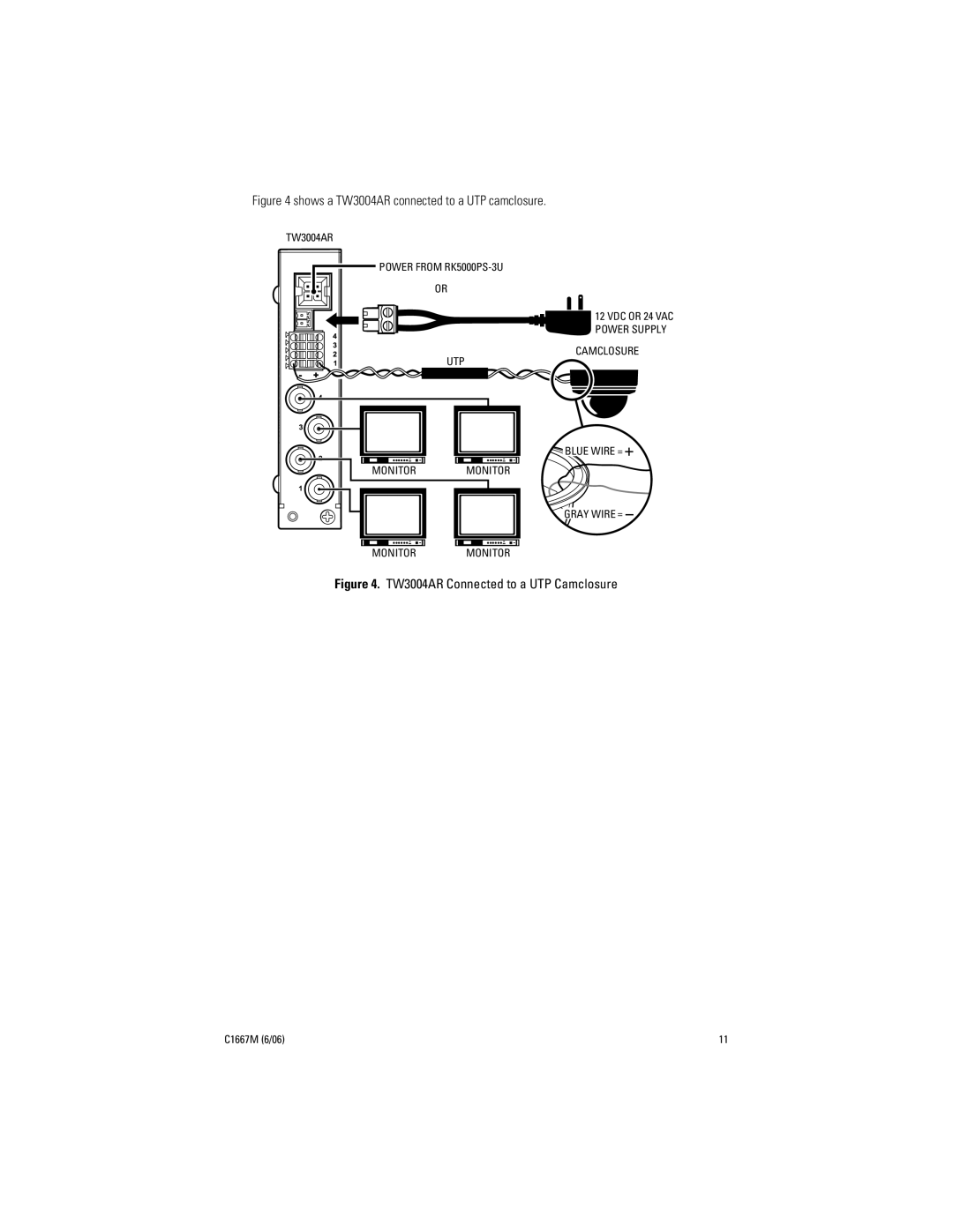 Pelco manual Shows a TW3004AR connected to a UTP camclosure 