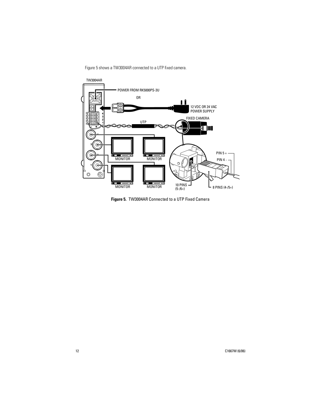 Pelco manual Shows a TW3004AR connected to a UTP ﬁxed camera 