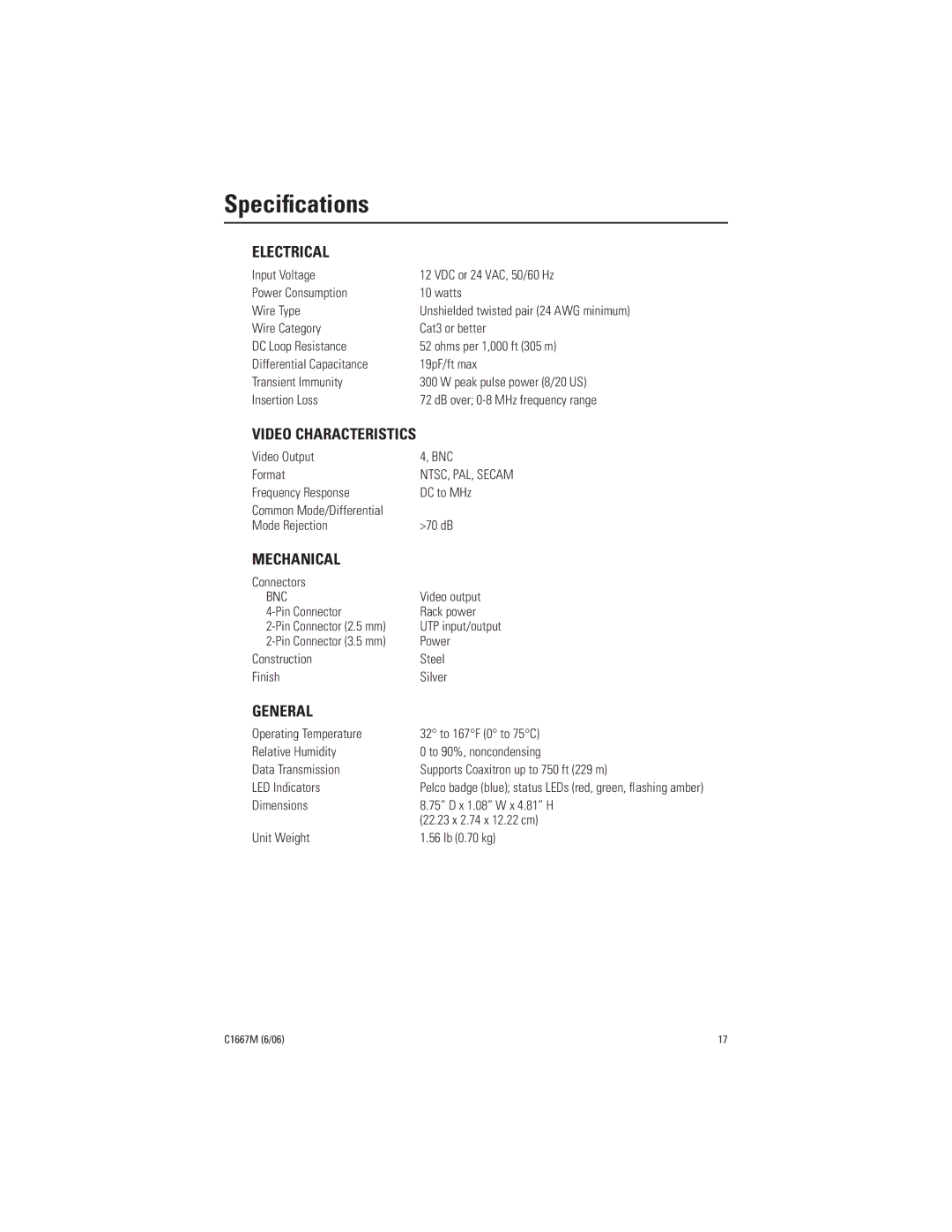 Pelco TW3004AR manual Speciﬁcations, Electrical 